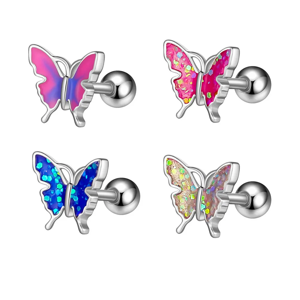 

YICAI 1pc Enamel Butterfly Cartilage Stud Earrings 16g Tragus Earring Butterfly Conch Stainless Steel Helix Earrings, Silver