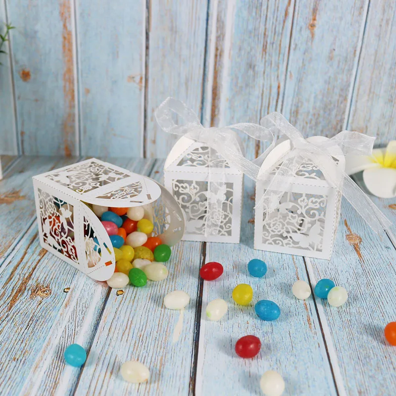 

Good quality Laser Cut wedding candy gift box for guest favors Box for party supplies with ribbon