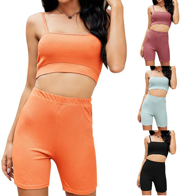 

2021 Ladies summer new style sling blouse tights 2 pieces sets womens solid color navel sling and shorts sports and leisure suit, Optional