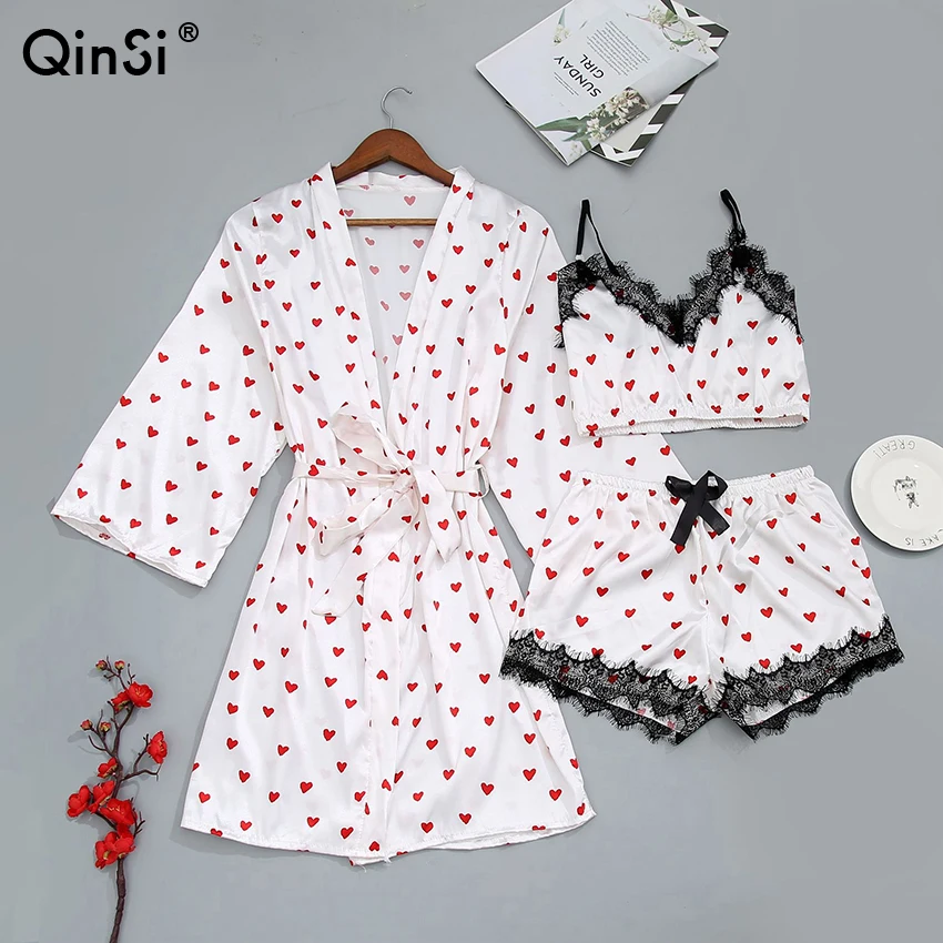 

QINSI Autumn 3pcs Silk Robes Women Love Print Loose Three Quarter Sleeve Women's Robes Shorts Set V-Neck Sleepwear For Women