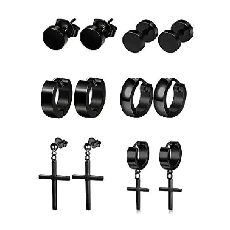 

6 pairs stainless steel stud earrings for women mens black stud hoop huggie cross earrings punk style goth earrings set