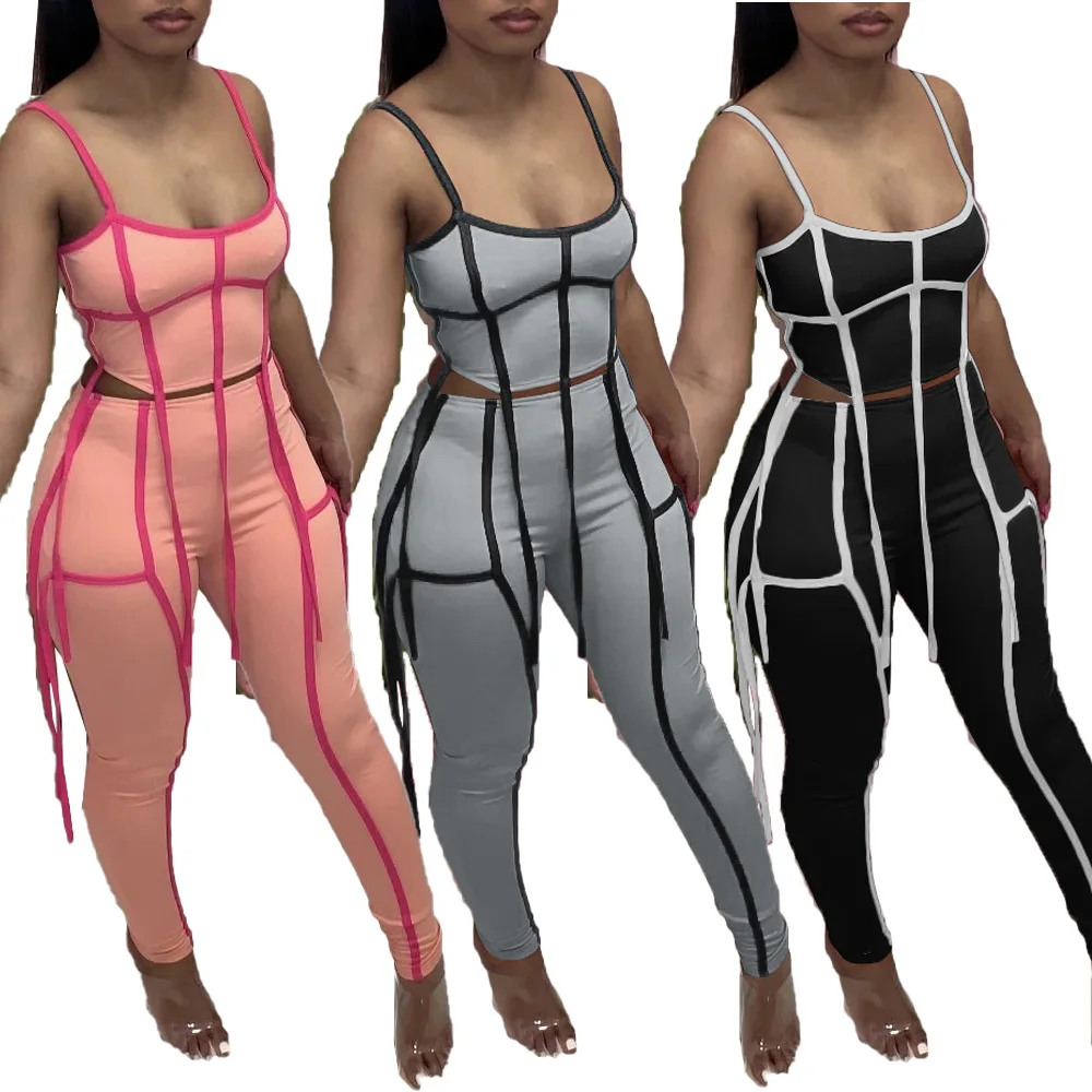 

new arrive women stripe summer sleeveless 2 piece set tassel casual women zip up sling crop top workout outfit set, Custom choose