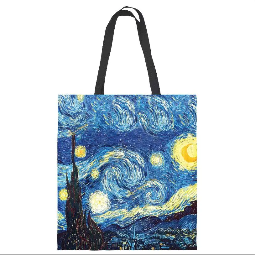 

Wholesale In Stock Custom Printed Van Gogh Famous Paintings Fashion Tote Bags Organic Recycled Cotton Canvas Full Color