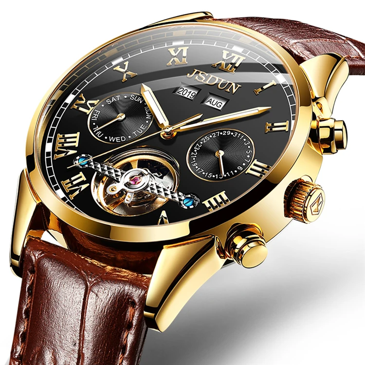 

JSDUN 8908 oem leather watch fashion sport date calendar luxury Tourbillon Stainless Steel Waterproof automatic Mechanical Watch