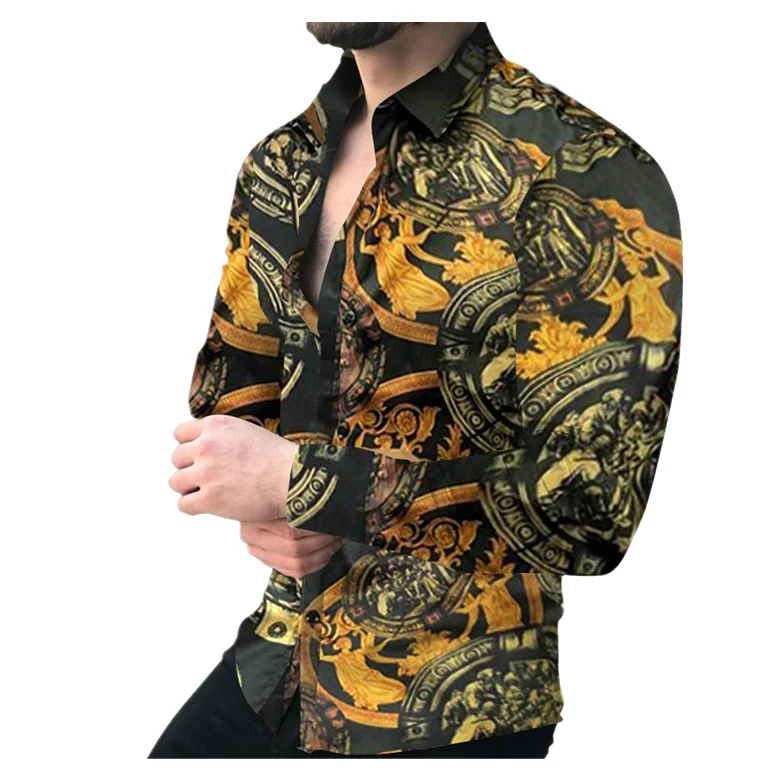 

New arrive Mens Shirts Vintage gold Digital print long Sleeve Tops 2021 fashion Men blouse Streetwear party plus size clothing