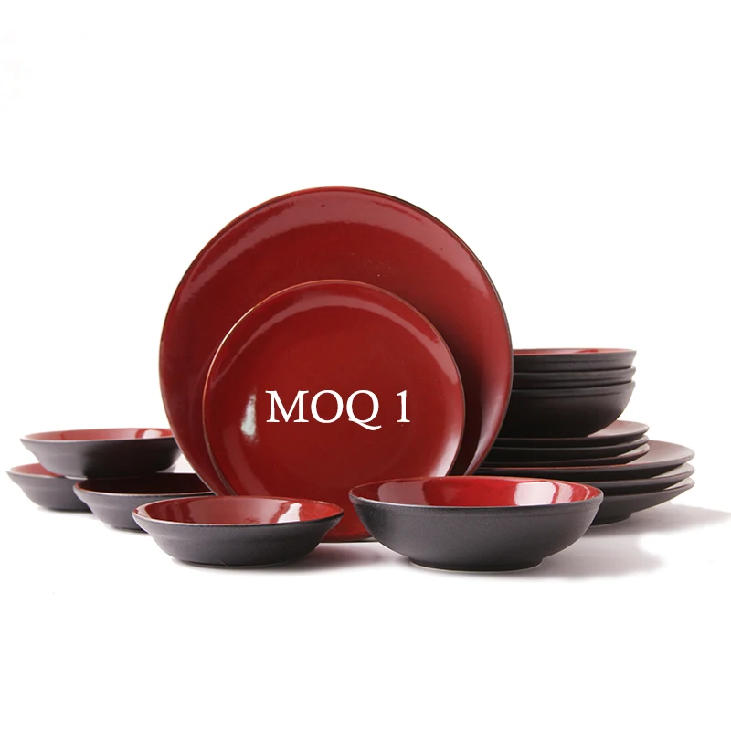 

Japanese home dinnerware ceramic round black red glazed fruit 16 pcs set porcelain plate, Red glaze