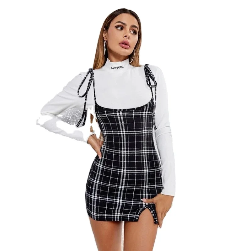 

Autumn Winter Sheath Mini Dresses Knot Shoulder Split Hem Plaid Overall Dress cheap casual women dress