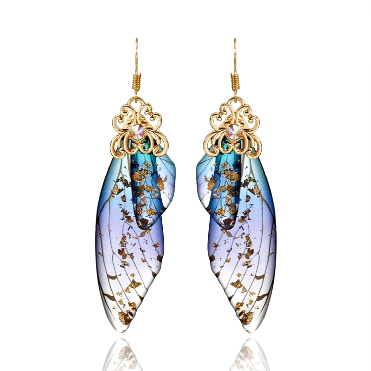 

Trendy White K Rhinestone gold foil Long Cicada Butterfly Wing Imitation Earrings For Women, As picture