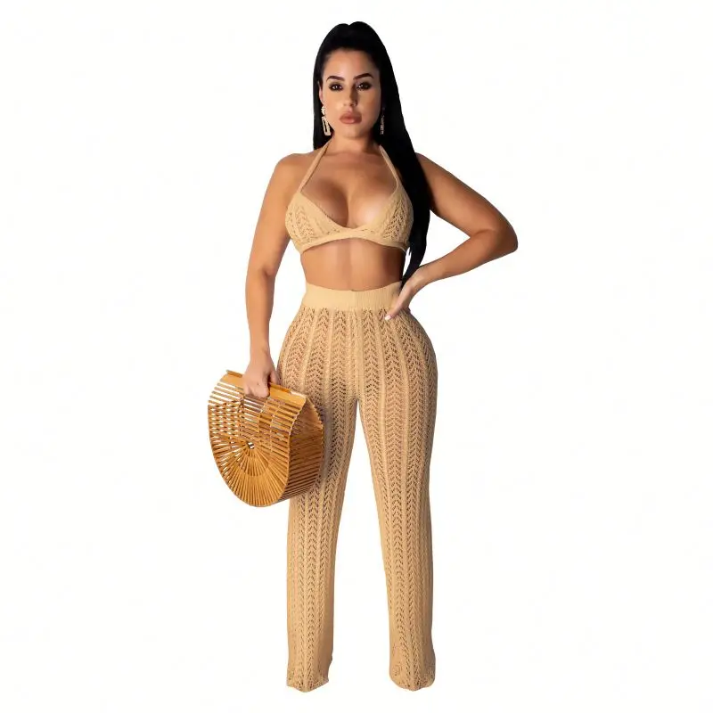 

sexy summer see through two piece net bathing suit crocheted pants set
