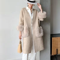 

Hot Selling Women Wool Coat with Fox Fur Pocket And Sleeve Fashionable Winter Warm Alpaca Woolen Overcoat