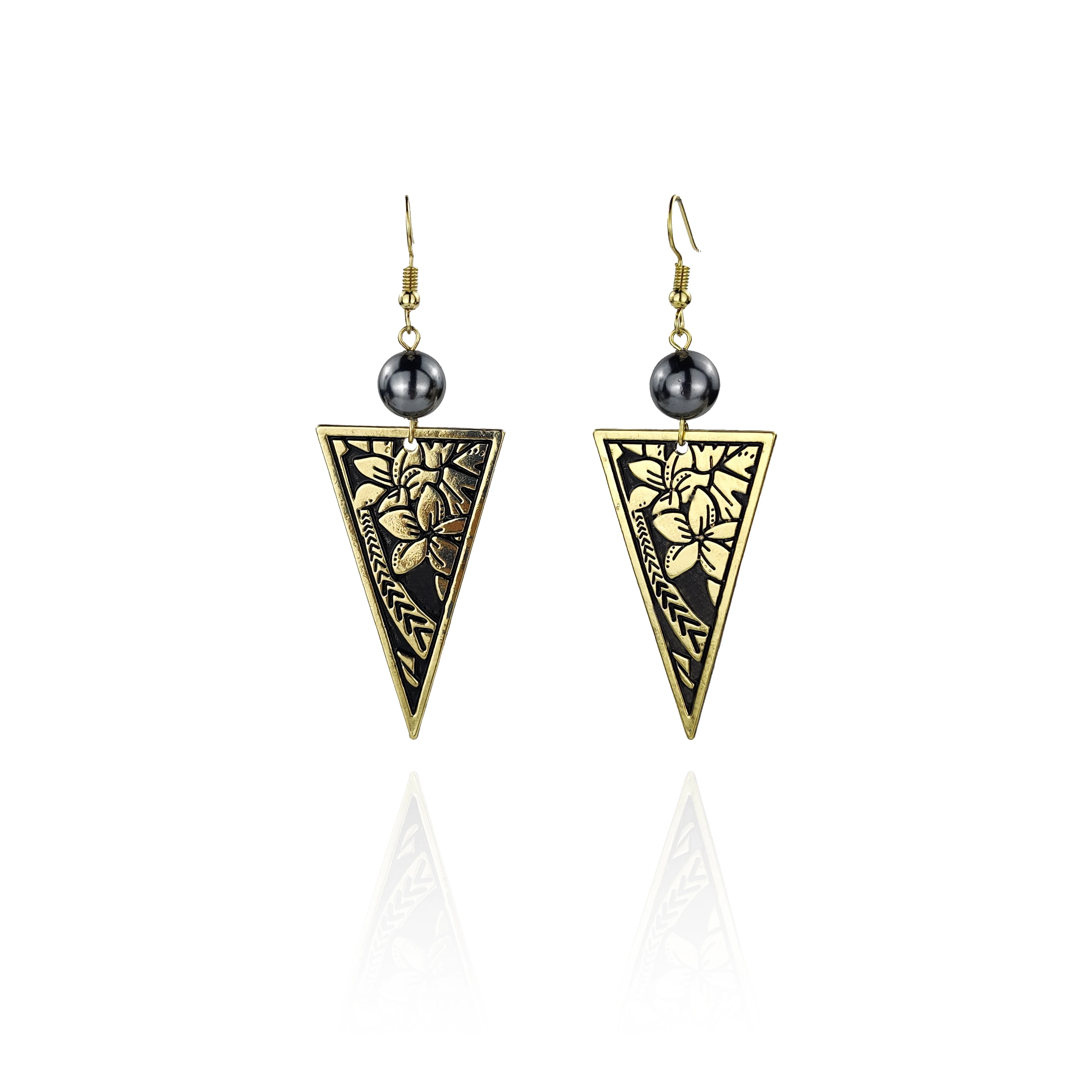 

SHUIIN Polynesian hawaiian 14k gold plated plumeria tribal triangle hook earrings with pearls jewelry wholesale for women