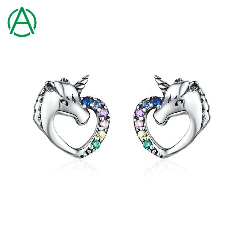 

ArthurGem 2022 Wholesale 925 Sterling Silver Earrings Rainbow Zircon Cute Unicorn Stud Earrings Women Fashion Silver Earrings