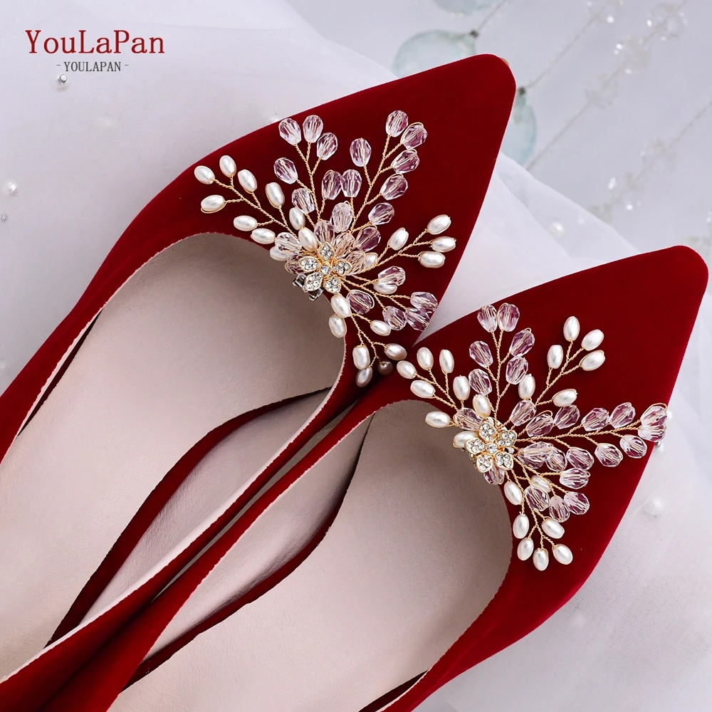 

YouLaPan X10 Gold Color Bridal Shoe Buckle with Crystal Beads Alloy Flower ,Wedding Women Shoe Clips