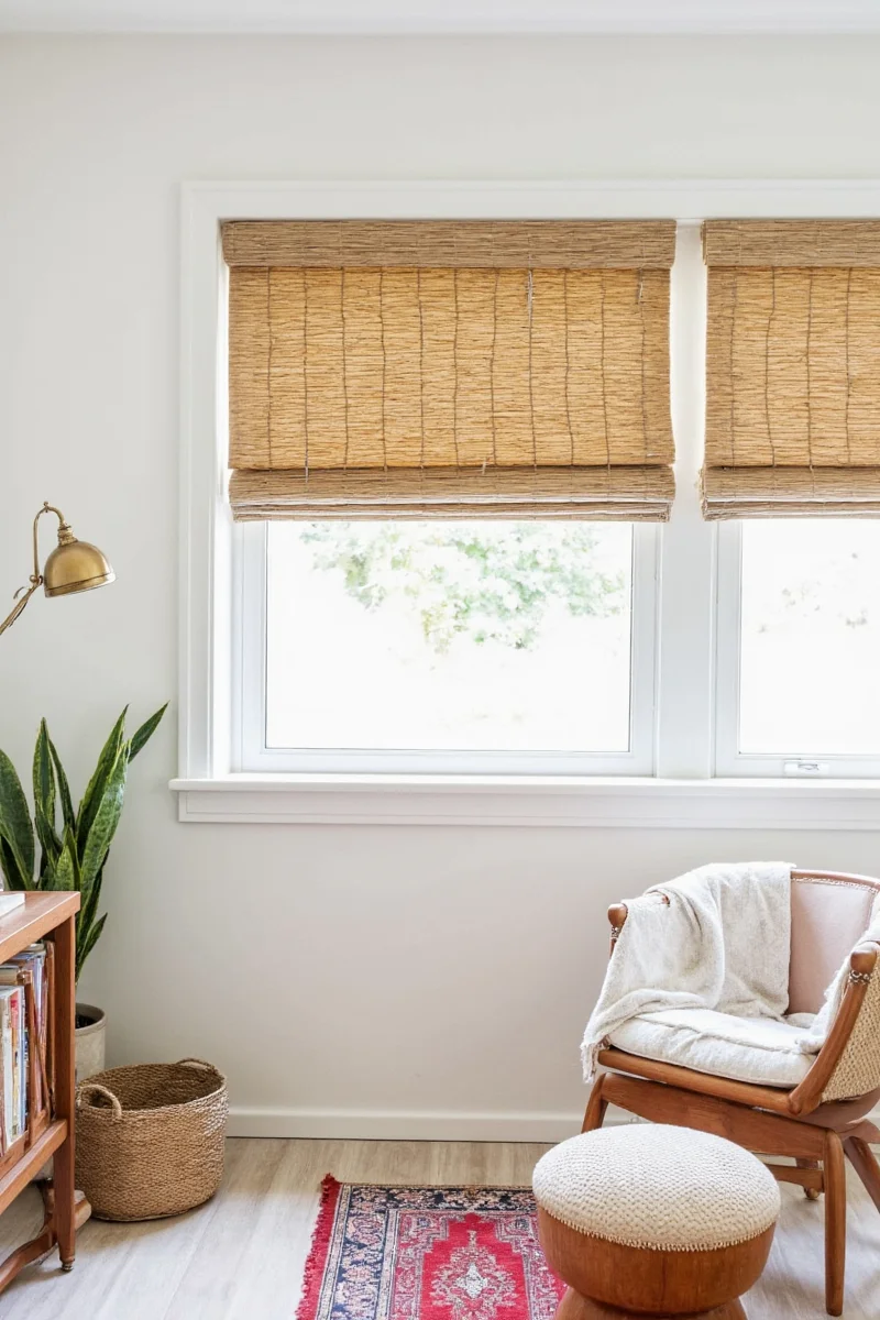 Bamboo shades styled with curtains and tiebacks