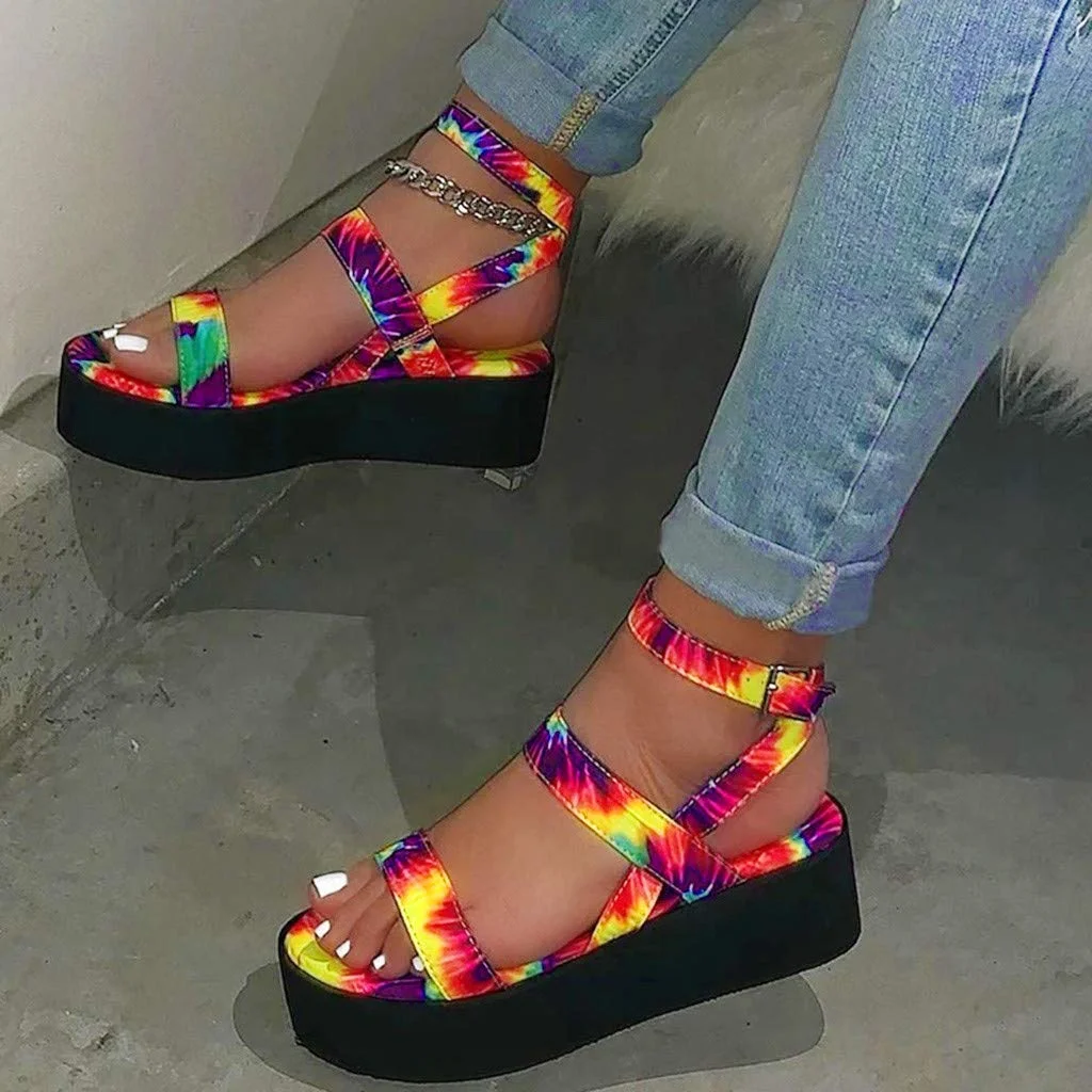 

Cwinner Rainbow Sandals Women's Open Toe Ankle Strap Platform Flat Sandals, As pic