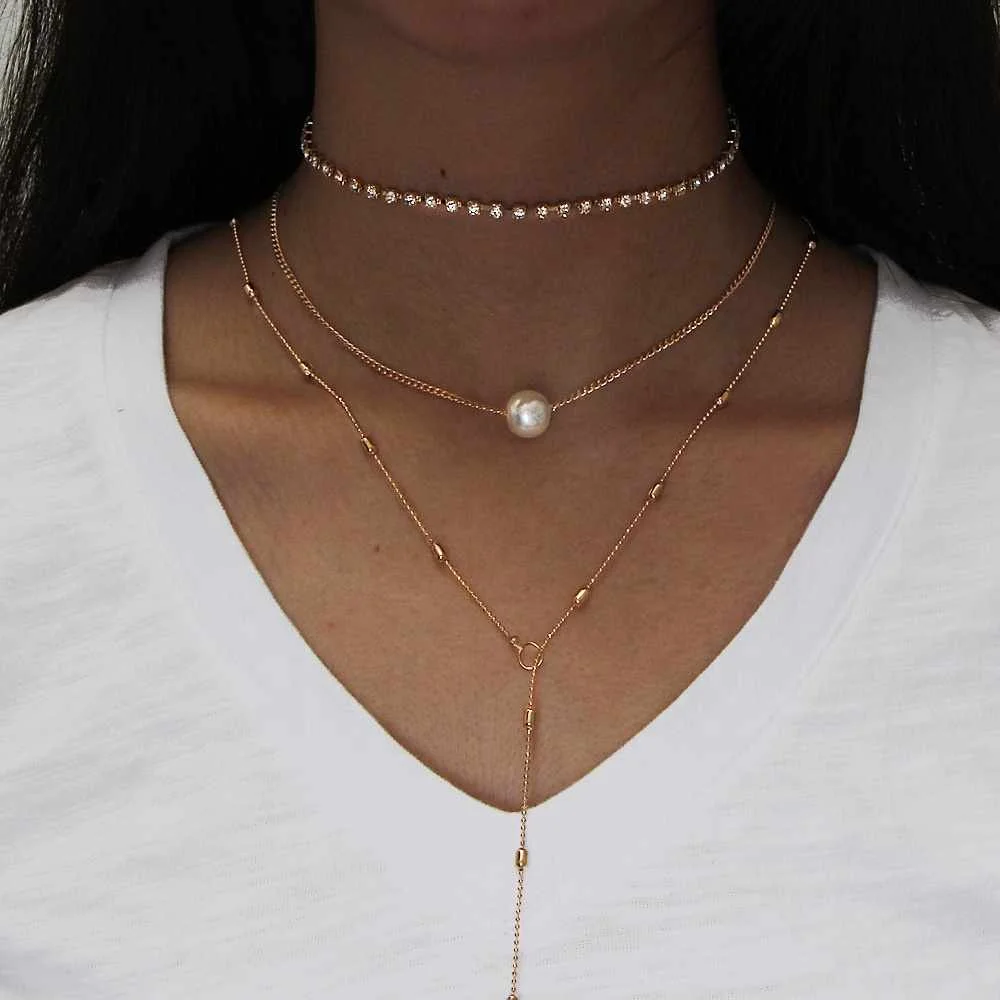 

2020 Trending 18k Gold Jewelry Necklaces Set Waterdrop Layered Chain Choker Necklace for Women