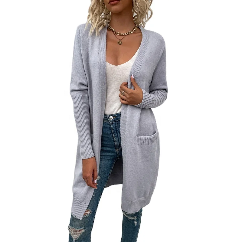 

2022 Factory outlet large pockets solid color V-neck unbuttoned long cardigan for ladies