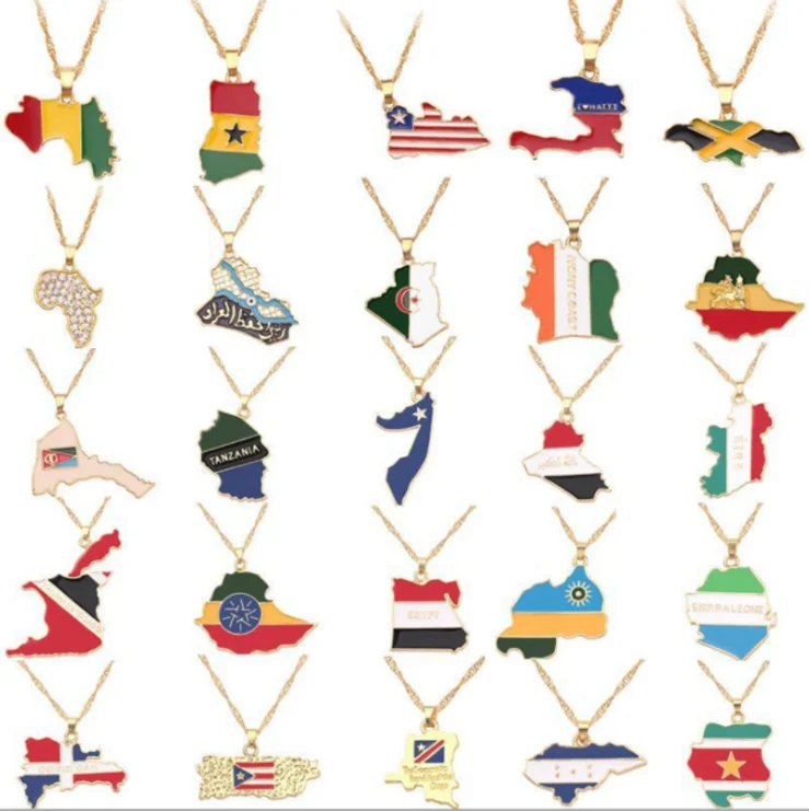 

New Gold Wold Country Map Flag Necklace African Guinea Ghana Liberia Undersea Jamaica South Africa Congo Honduras Pendant Chain