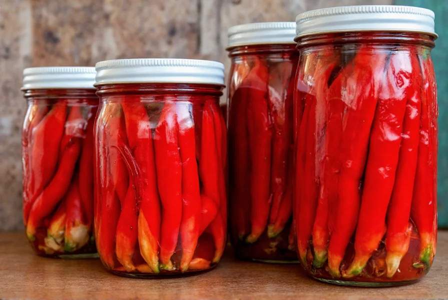 Red serrano chilies stored in glass jars for pickling with garlic cloves and spices