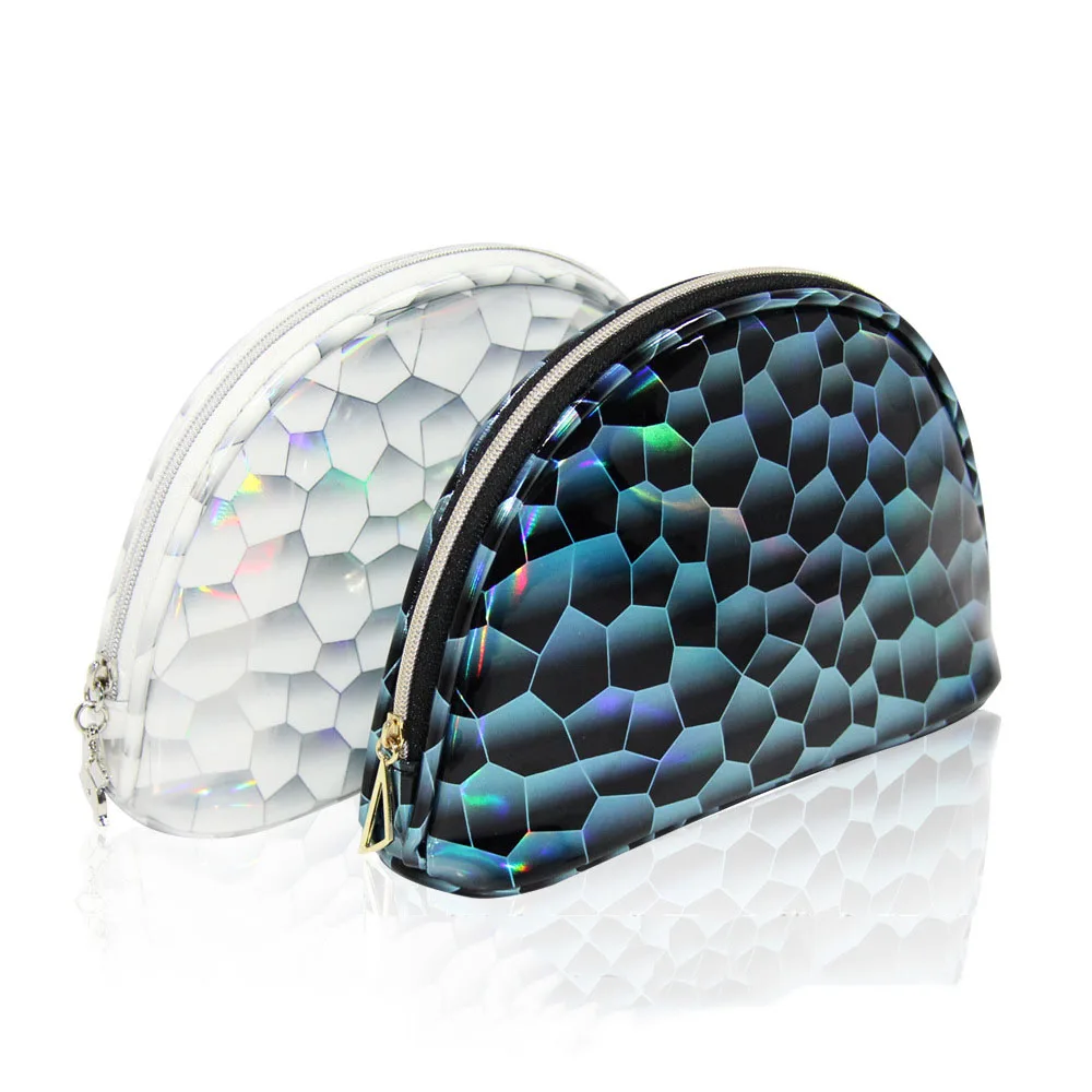 

Wholesale Novel Semi Circular Diamond Lattice Pvc Makeup Bag Shell Travel Washing Bag Cosmetic Bag