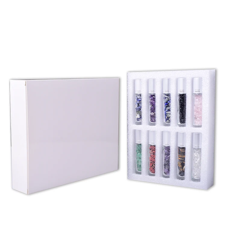 

Hot Sale Clear Glass Assorted Natural Crystal Gemstone Roller Bottles For Essential Oil with box