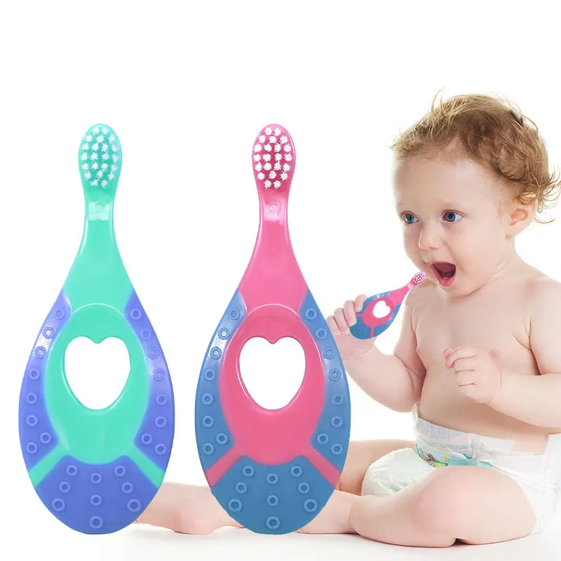 

Customized Logo Eco Friendly Ring Handle Teether Soft Bristle TPR Travel 360 Children And Baby Kids Toothbrush, Pink/blue