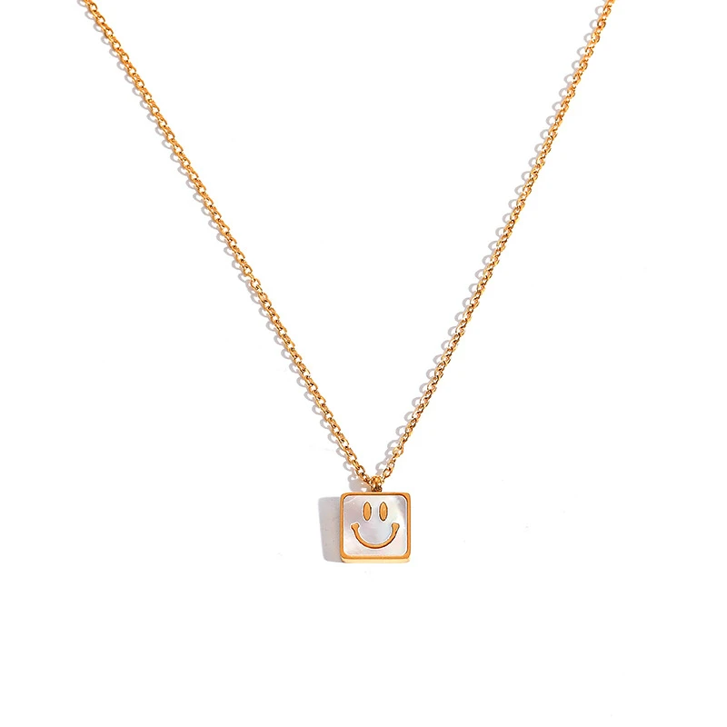 

18K Gold Plated Stainless Steel Jewelry Square Smile Charm White Shell Happy Smiley Face Pendant Necklace
