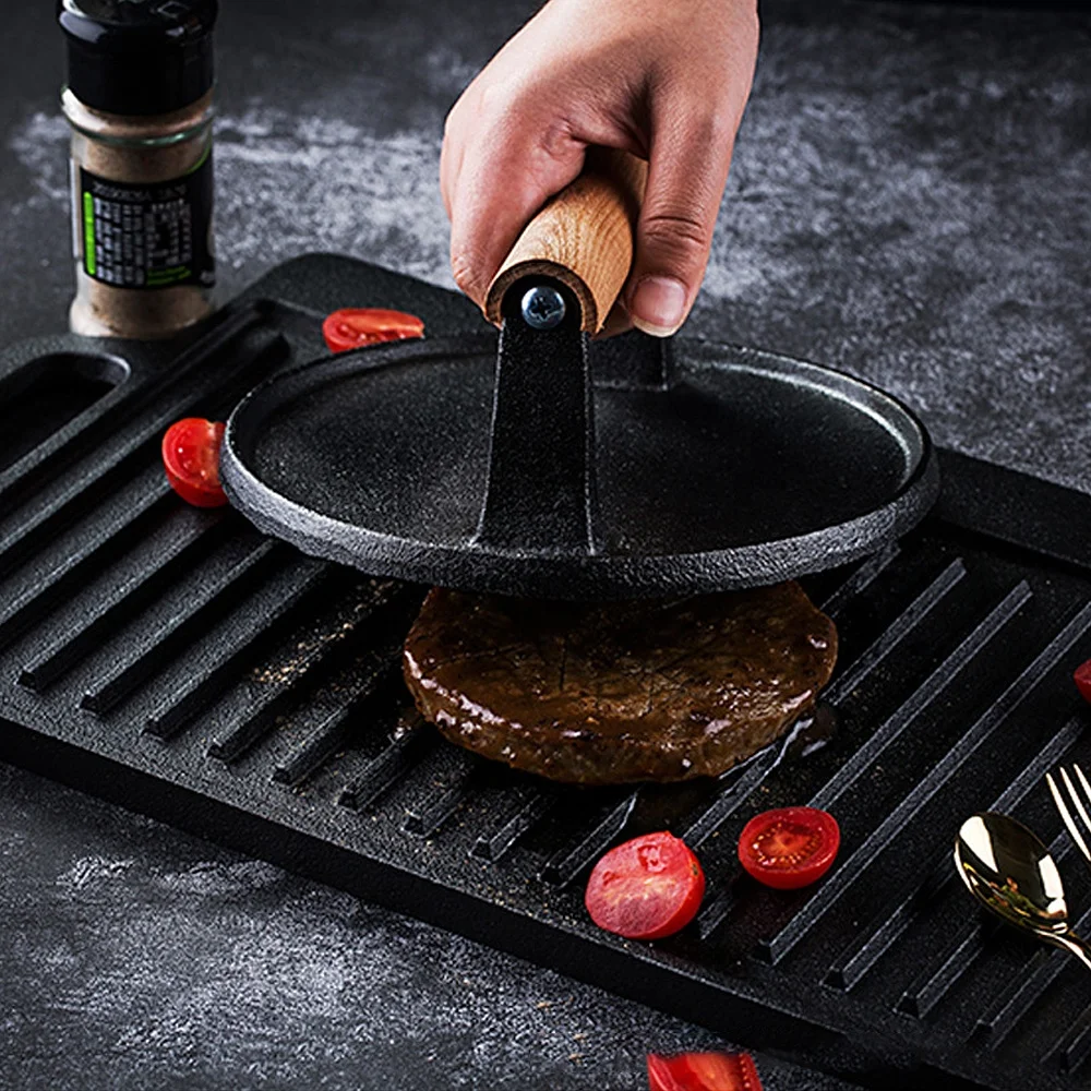 

Custom logo wood handle cast iron Smash Burger Hamburger Patty Maker Presses