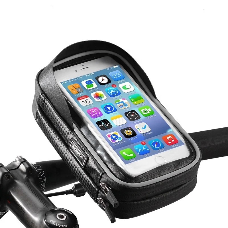 

OEM 360 Degree Rotation Bike Touch Screen phone bag Cycling Waterproof Zipper two pockets Bicycle Bag with Phone Holder, Black