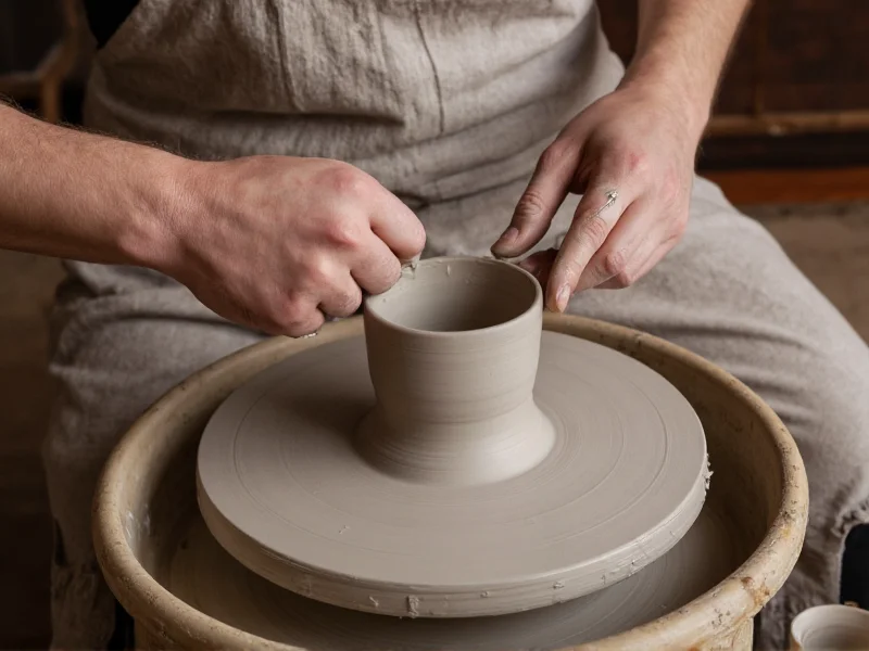 Master potter shaping clay on traditional pottery wheel