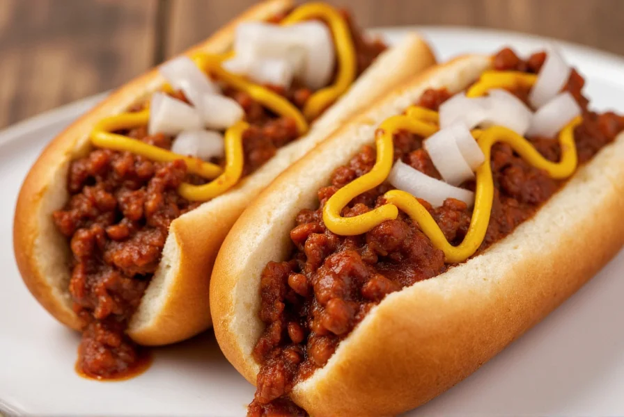 Close-up of homemade chili dogs with rich beef chili sauce dripping over split-top buns with onions and mustard
