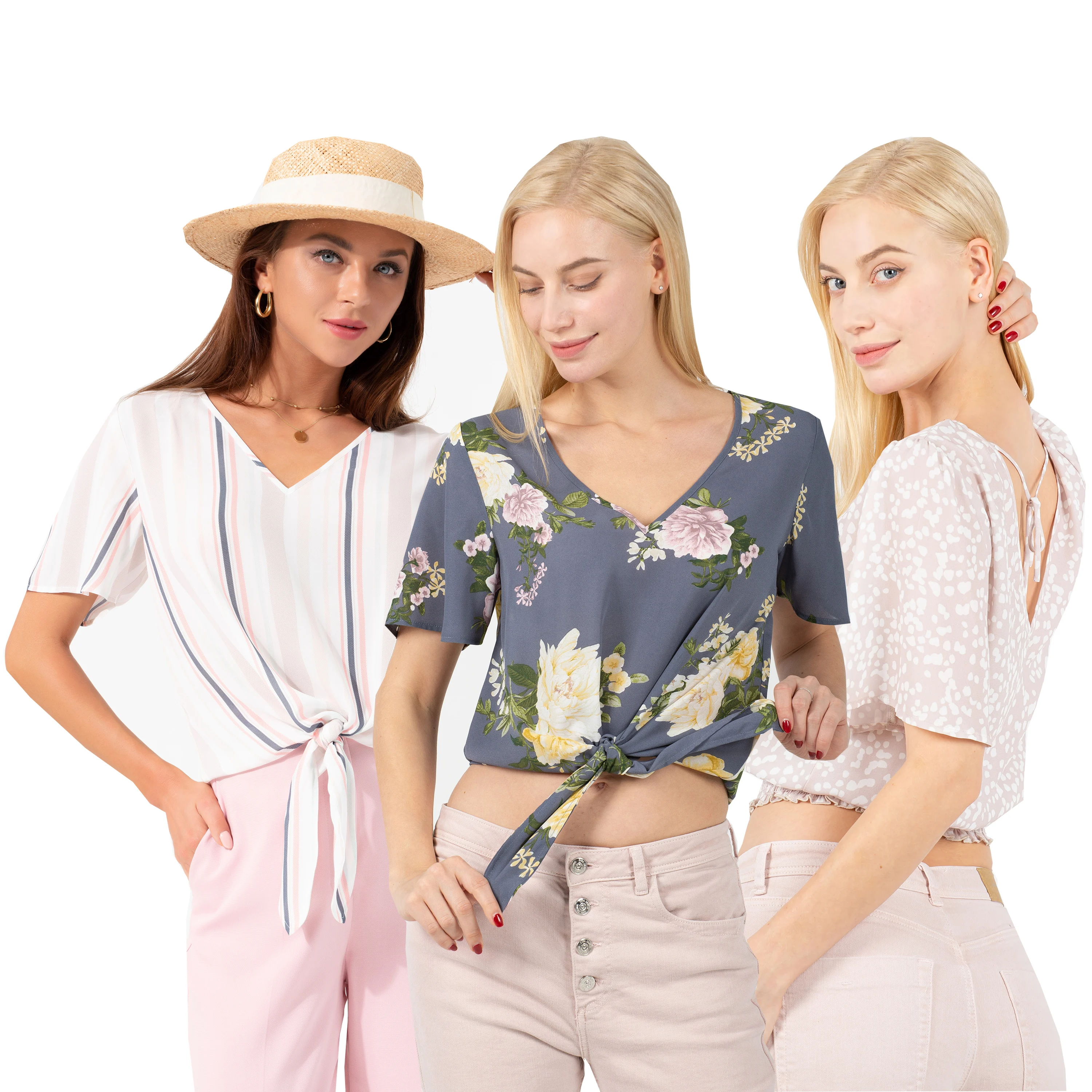 

Women Chiffon Summer V Neck Flare Short Sleeve Front Tie Casual Top Blouses for Ladies, Customized color