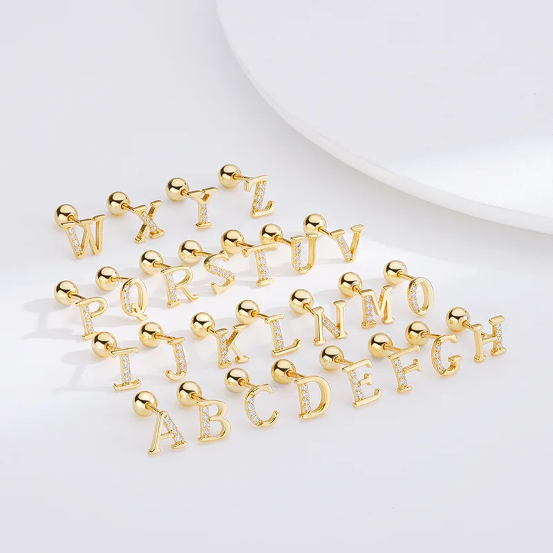 Exquisite Gold Plated S925 Sterling Silver 26 English Letter Screw Stud Earrings A-Z Alphabet CZ Piercing Earrings Initial Gifts
