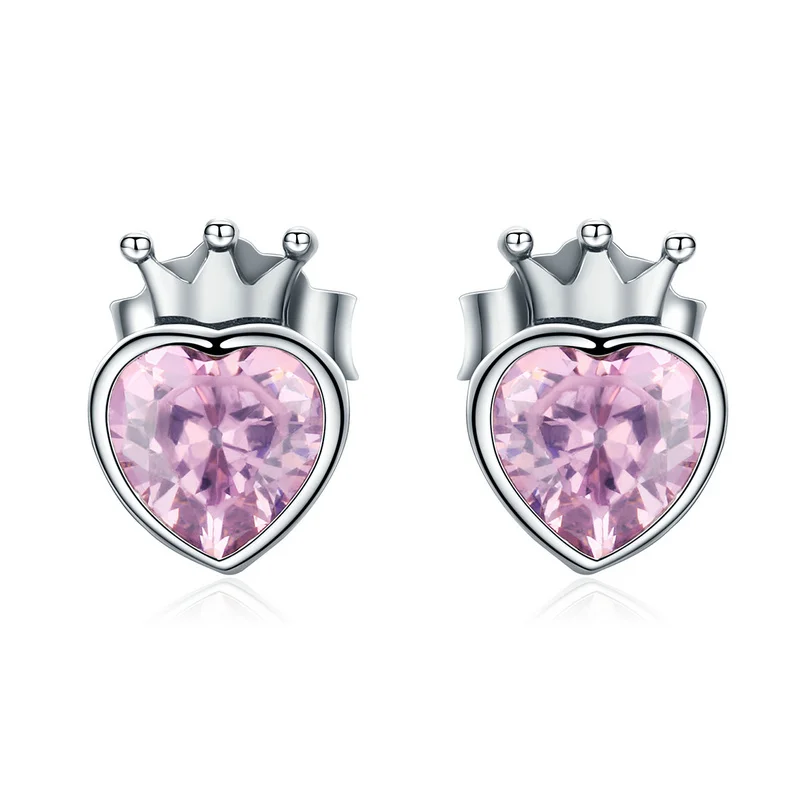 

925 Sterling Silver Crown Pink Heart Love Earrings 2020