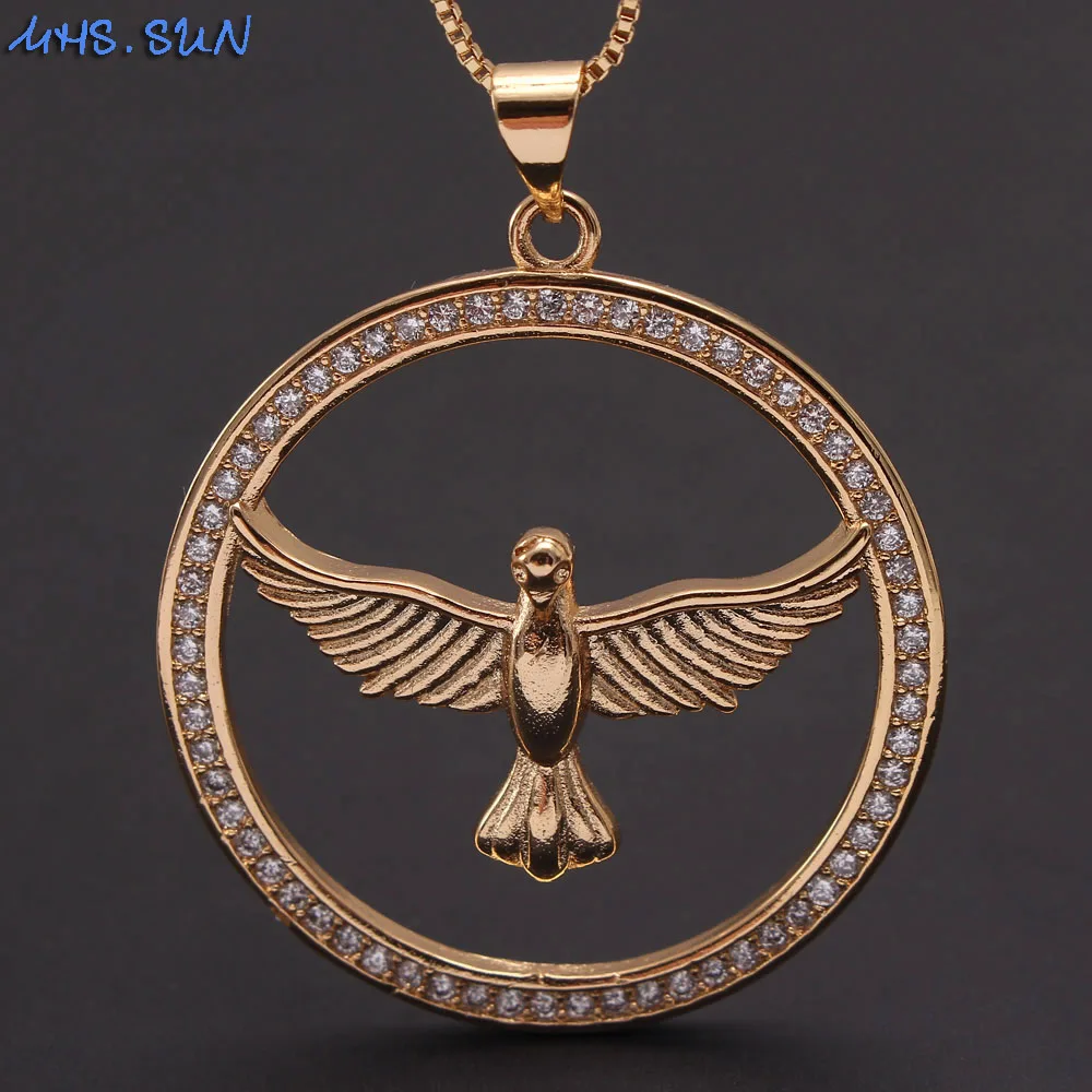 

MHS.SUN Fashion Holy Bird Pendant Necklace Mosaic Cubic Zircon Women Jewelry 18K Gold Plated Religion Chain Chokers Men Gifts