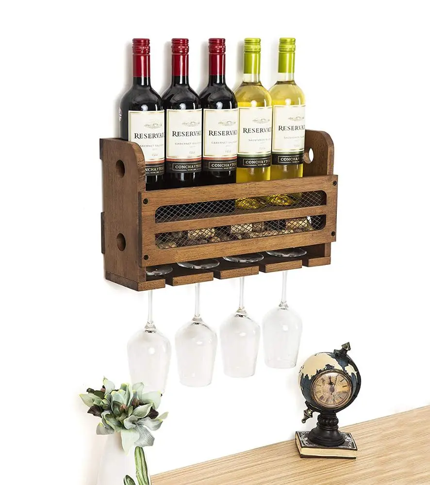 
Wall Mounted Wooden Wine Rack 5 Wine Bottles and 4 Stem Glasses Holder Wine Cork Storage Rack 