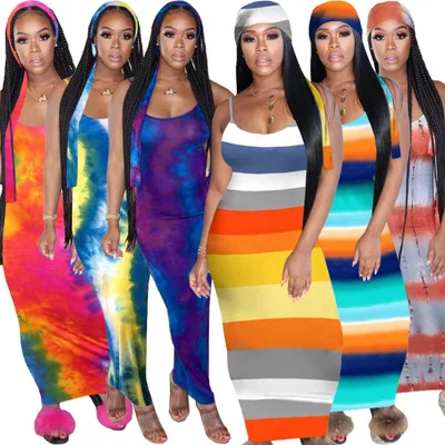 

Best Seller 2021 autumn winter Spaghetti Strap Gradient Stripe Tie-dyed Women Long Party Dress for Club