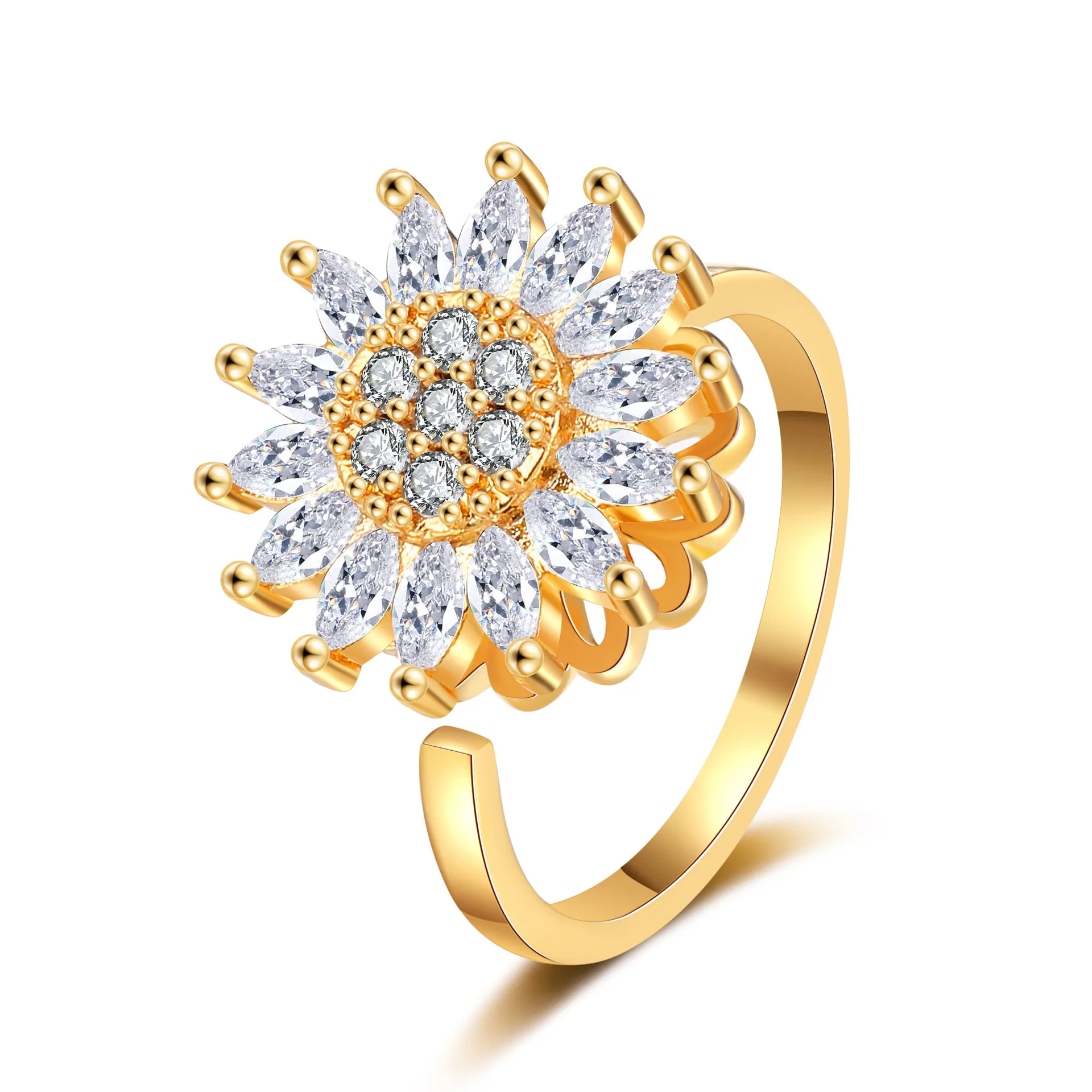 

360 Rotating Daisy Flower Ring Release Stress Anxiety 18K Gold Cubic Zircon Sunflower Spinner Rings For Women