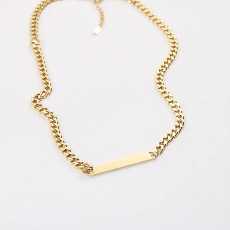 

Wholesale Modern Style Stainless Steel Women Cuban Link Necklace Gold Plated Horizontal Blank bar necklace gold