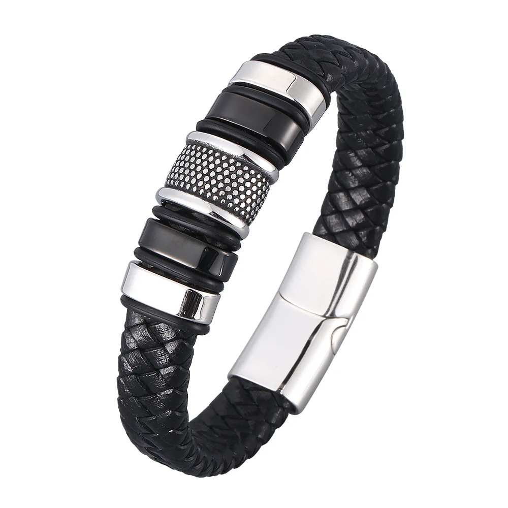 

Stylish Stainless Steel Clasp Charm For Genuine Leather Bracelet Men, Black leather, golden/silver/black accessories,customized color
