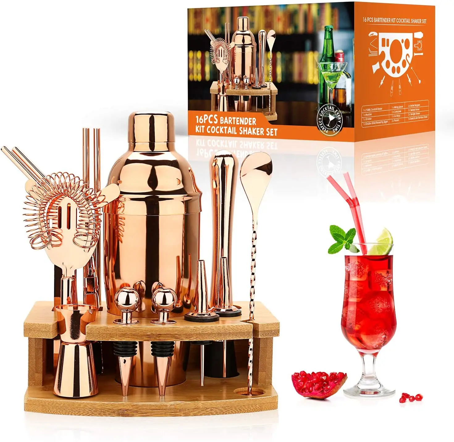 

Cocktail Shaker Making Set 16pcs Bartender Kit with Semicircle Eco Bamboo Stand Stainless Steel Bar Tool Set DIY Kit