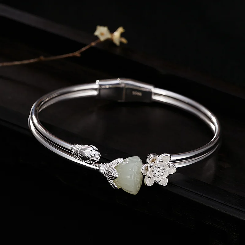 

925 Sterling Silver Inlaid Hetian Jade Bracelet Natural White Jade Lotus Shape Personality Glossy Silver Bracelet For Women Gift