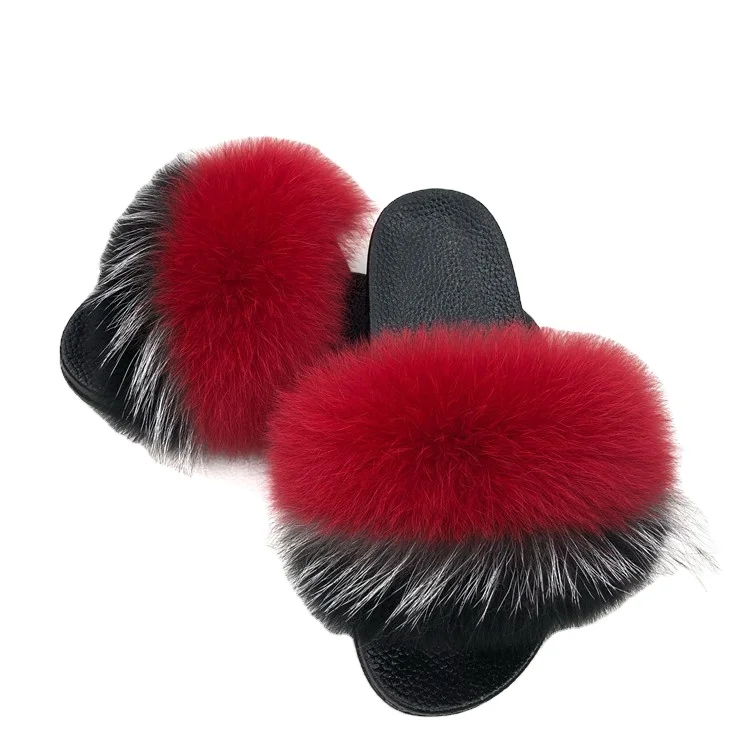 

Custom logo 2020 New Design Women Fox Fur slippers Indoor Outdoor Home fur slides slides