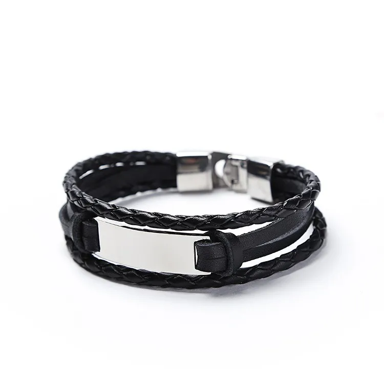

fashion stylish black stainless steel plate braided china men leather wristband for men, Photo
