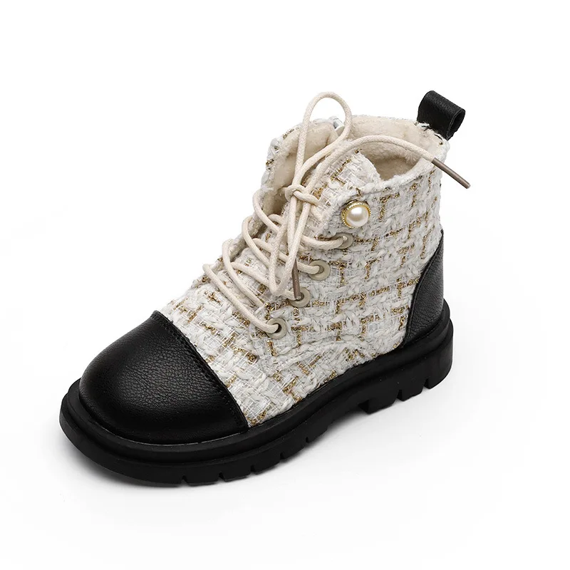 

New lattice pearl versatile fragrance medium tube girls kids winter shoes boots 2020, Black/beige