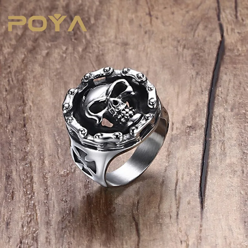 

POYA 22MM Men Cool Punk Mens Boys Silver Tone Motorcycle Engine Skull Ring Stainless Steel Ring Wedding Bands or Rings Men's