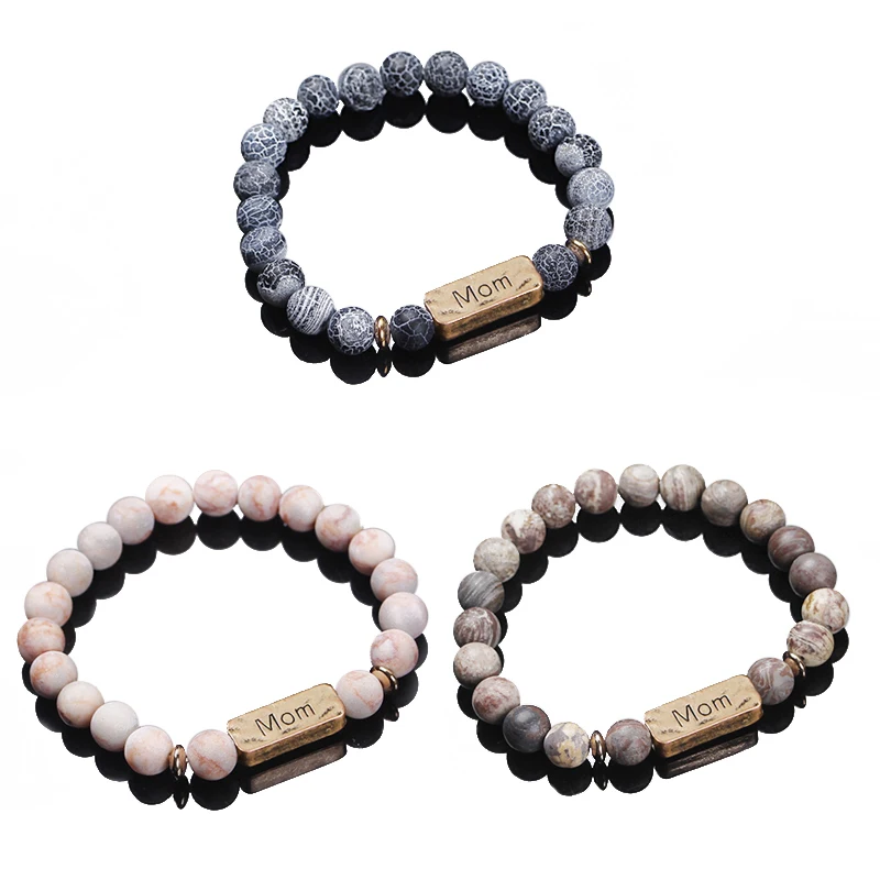 

New arrived high quality 8mm natural semi-precious stone weathered beads elastic Antique gold bracelets for women mom bracelet