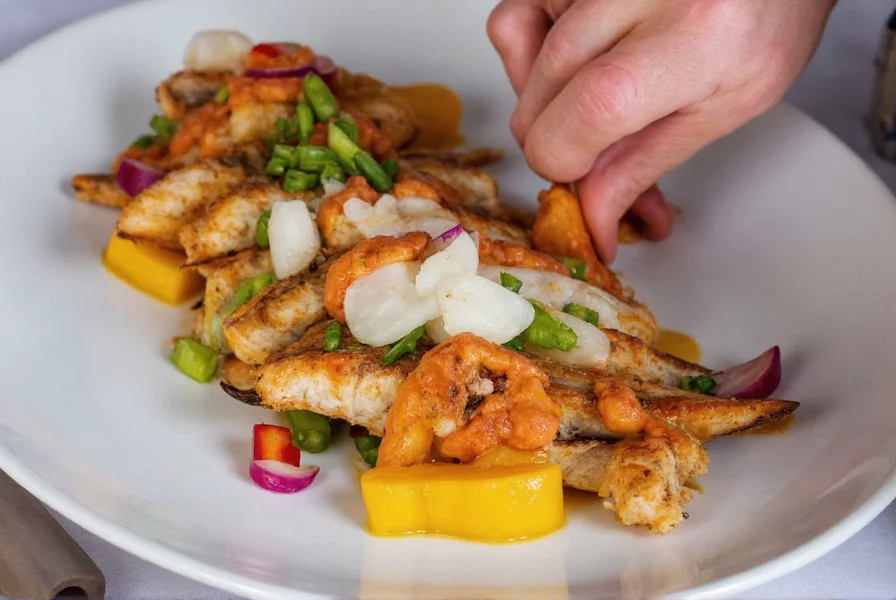 Chef preparing Belizean seafood dish with Marie Sharp's habanero pepper sauce drizzled over grilled fish with tropical fruit garnish