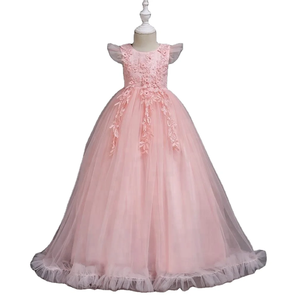 

High quality children pink wedding dress Latest children dress designs flower frock for 10 years old evening gown for prom party