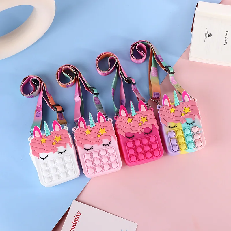 

2021 Popular cute carton unicorn kid bags girl shoulder sling silicon pop it purse, 4colors
